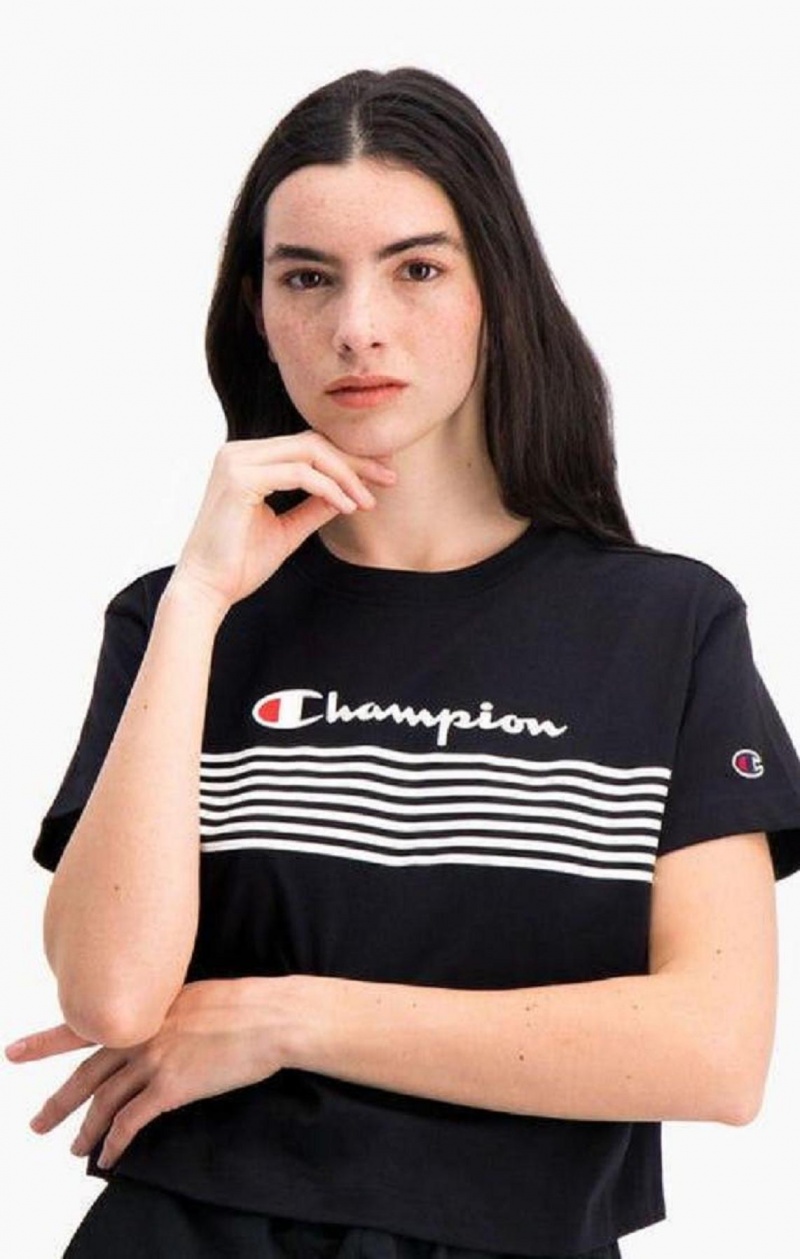 Champion Script Logo Stripe Curved Hem Cropped T-Shirt T-shirt Dam Svarta | 7504-QJAYK