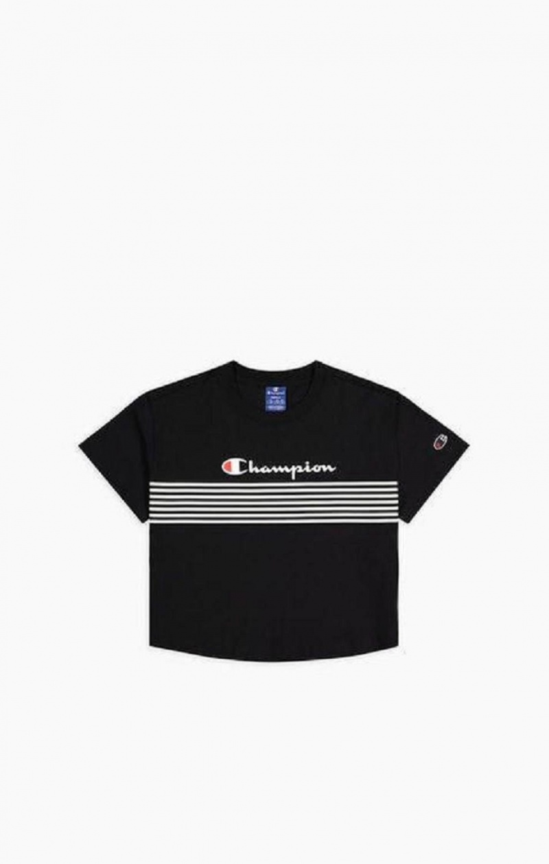 Champion Script Logo Stripe Curved Hem Cropped T-Shirt T-shirt Dam Svarta | 7504-QJAYK