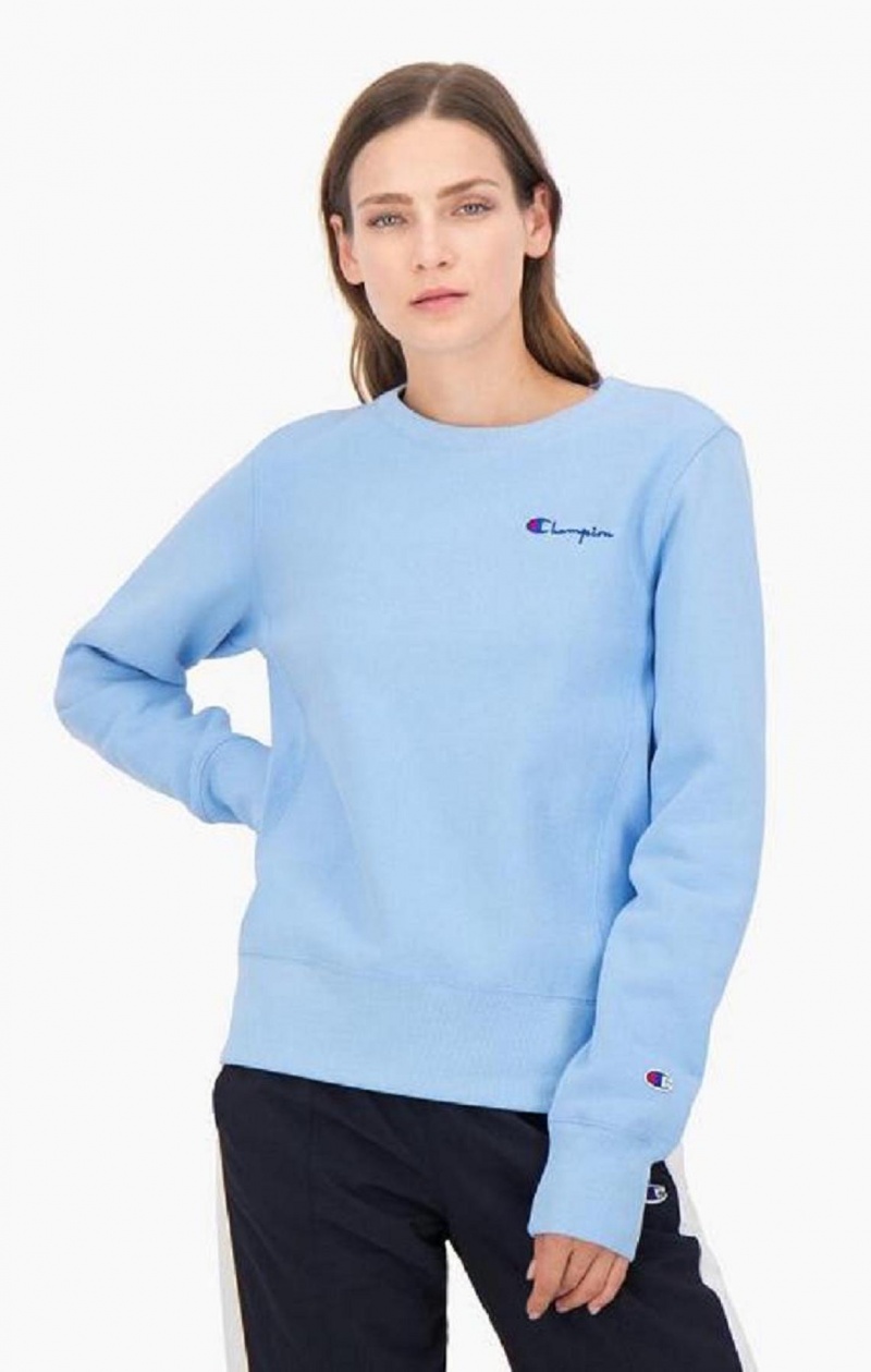 Champion Small Script Logo Reverse Weave Sweatshirt Tröjor Dam Ljusblå | 9574-OPFQS