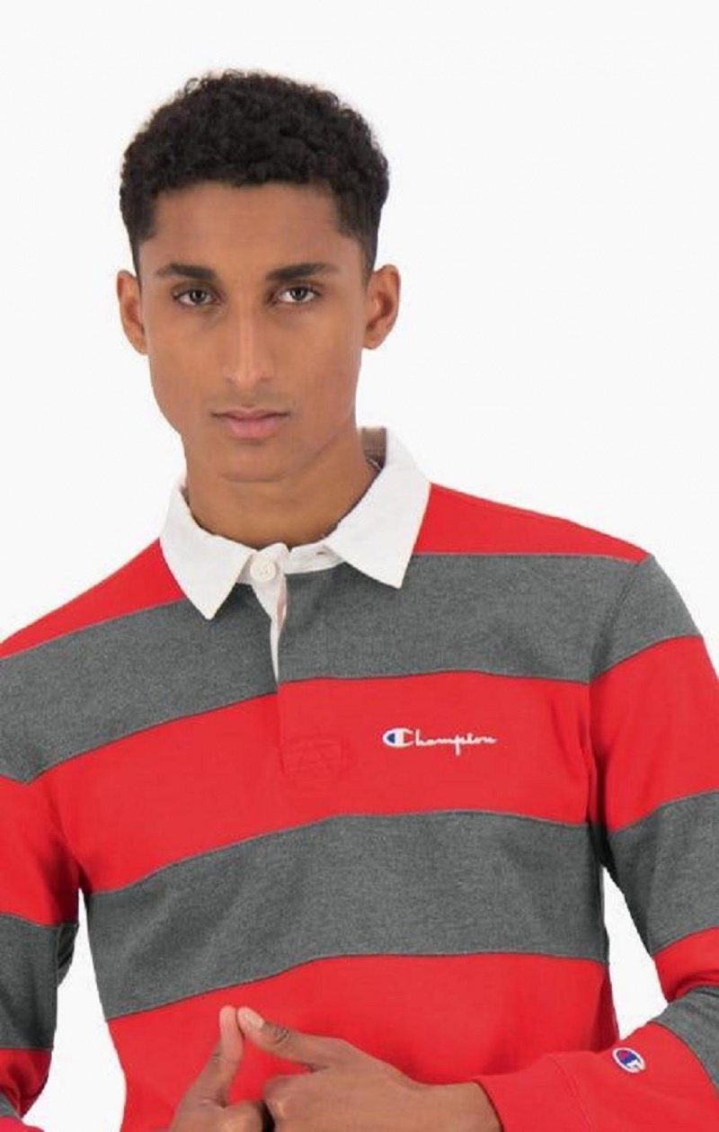 Champion Stripe Bomull Jersey Polo Shirt T-shirt Herr Röda | 4325-TOXJQ