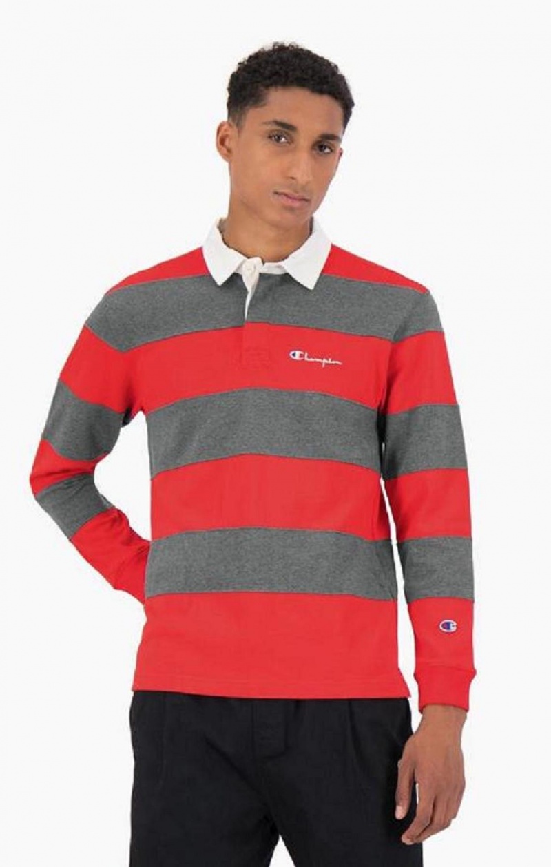 Champion Stripe Bomull Jersey Polo Shirt T-shirt Herr Röda | 4325-TOXJQ