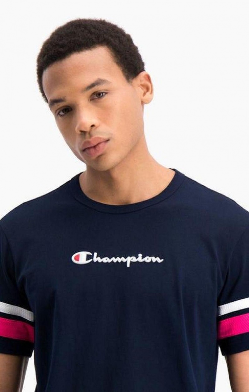 Champion Stripe Detail Script Logo T-Shirt T-shirt Herr Blå | 1256-HYJTL