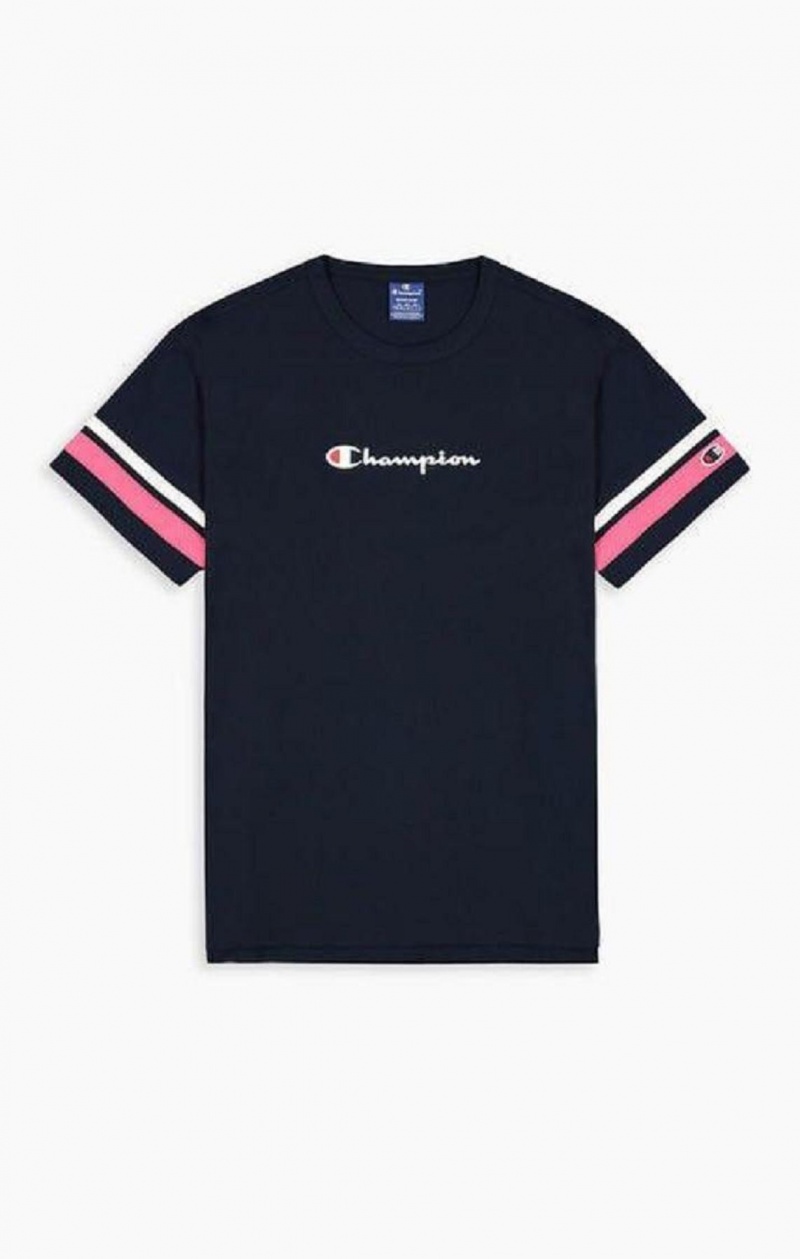 Champion Stripe Detail Script Logo T-Shirt T-shirt Herr Blå | 1256-HYJTL