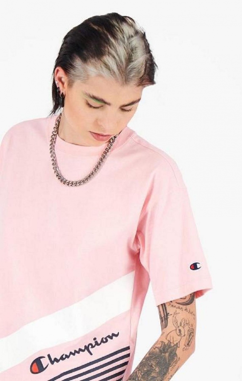 Champion Stripe Detail Script Logo T-Shirt T-shirt Dam Rosa | 7631-GYEOF