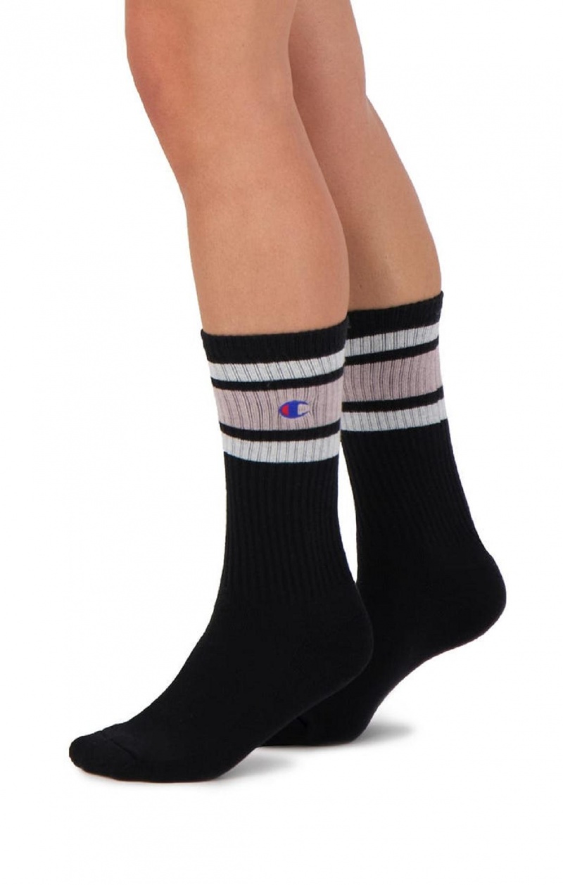 Champion Stripe Räfflad Crew Socks Strumpor Dam Svarta Rosa | 2765-IYXKV