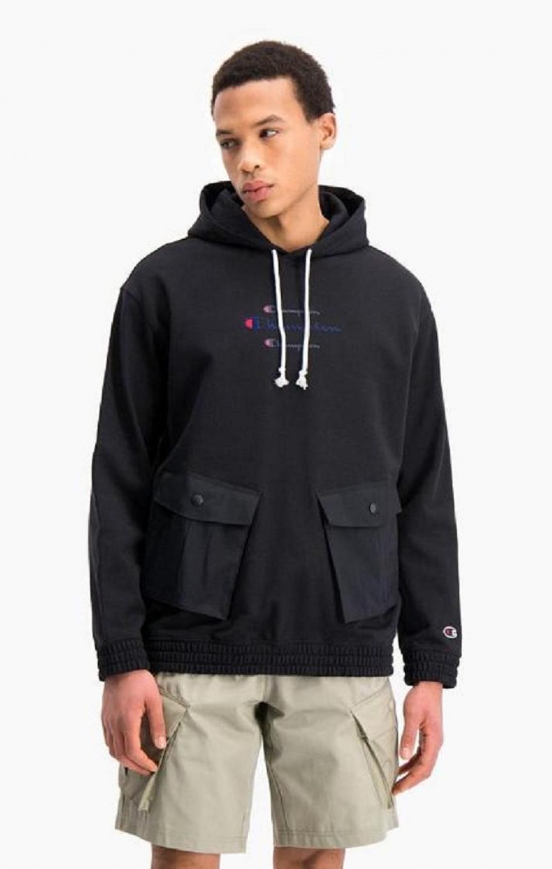 Champion Triple Script Logo Cargo Pocket Hoodie Hoodie Herr Svarta | 5309-AJVGB