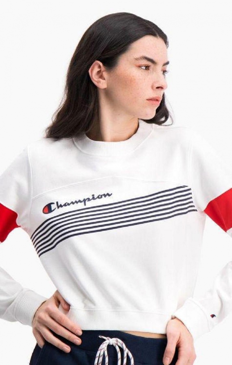 Champion Tryck Stripe And Colour Block Cropped Sweatshirt Tröjor Dam Vita | 9742-KMWPA