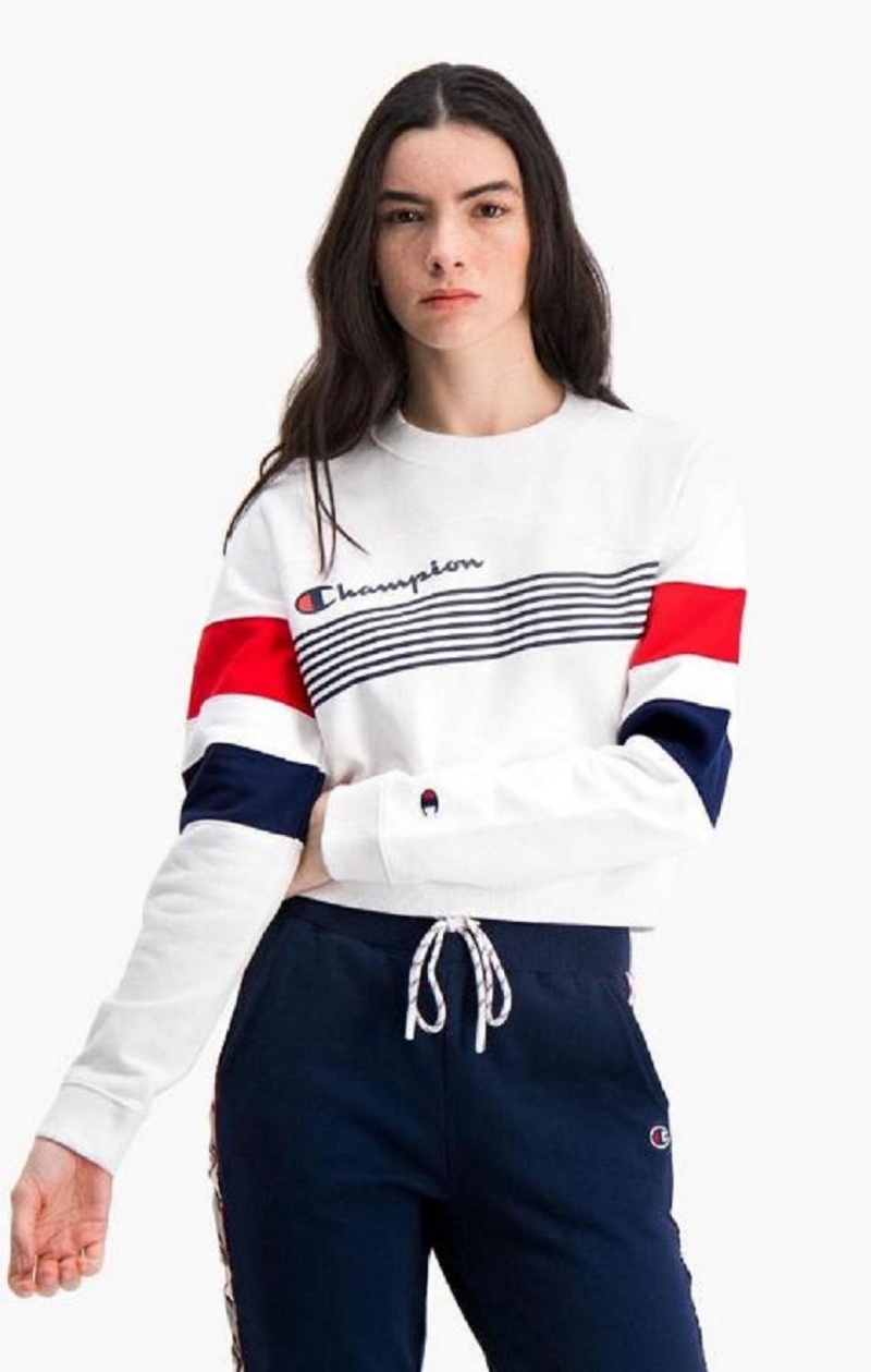 Champion Tryck Stripe And Colour Block Cropped Sweatshirt Tröjor Dam Vita | 9742-KMWPA