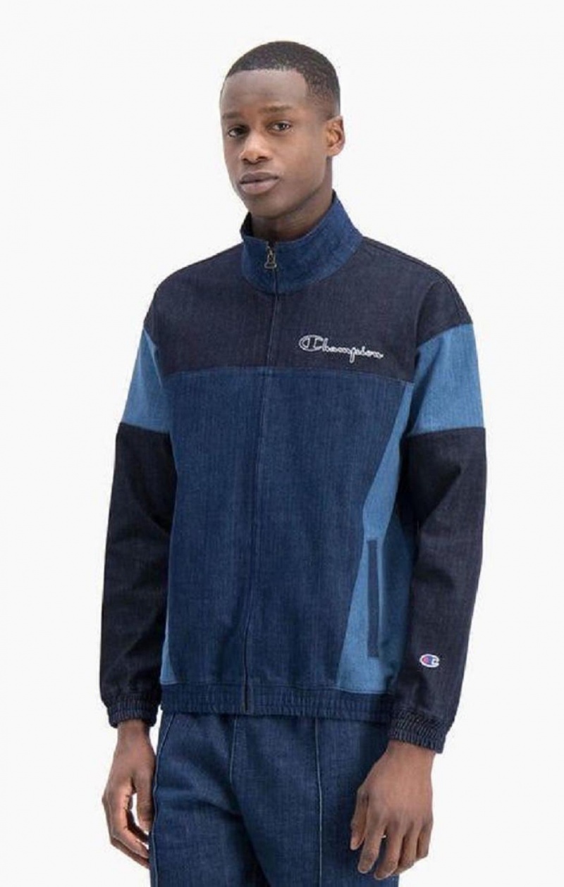 Champion Zip-Up Denim Patchwork Sweatshirt Tröjor Herr Turkos Blå | 0581-PDHBR