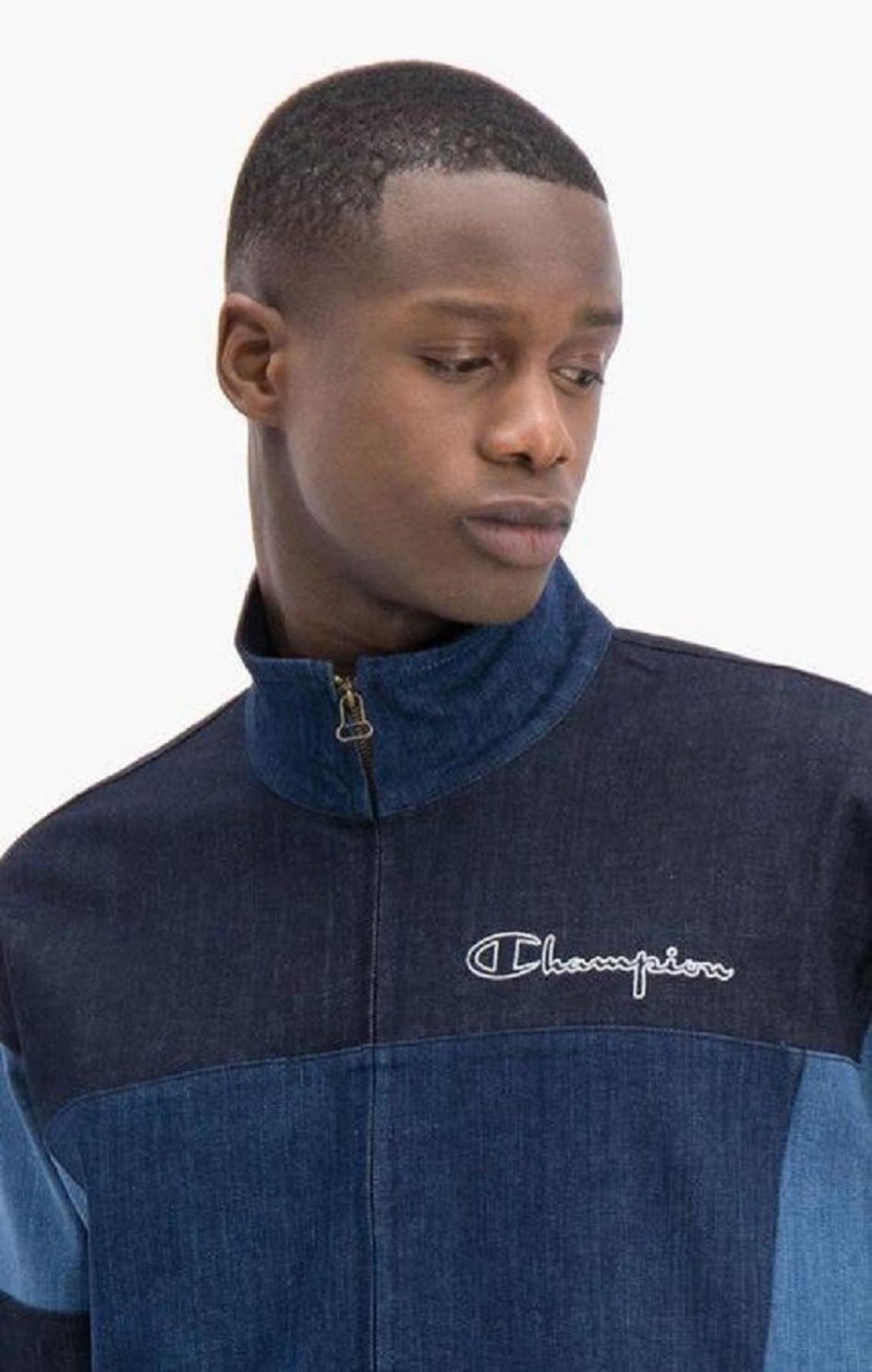 Champion Zip-Up Denim Patchwork Sweatshirt Tröjor Herr Turkos Blå | 0581-PDHBR