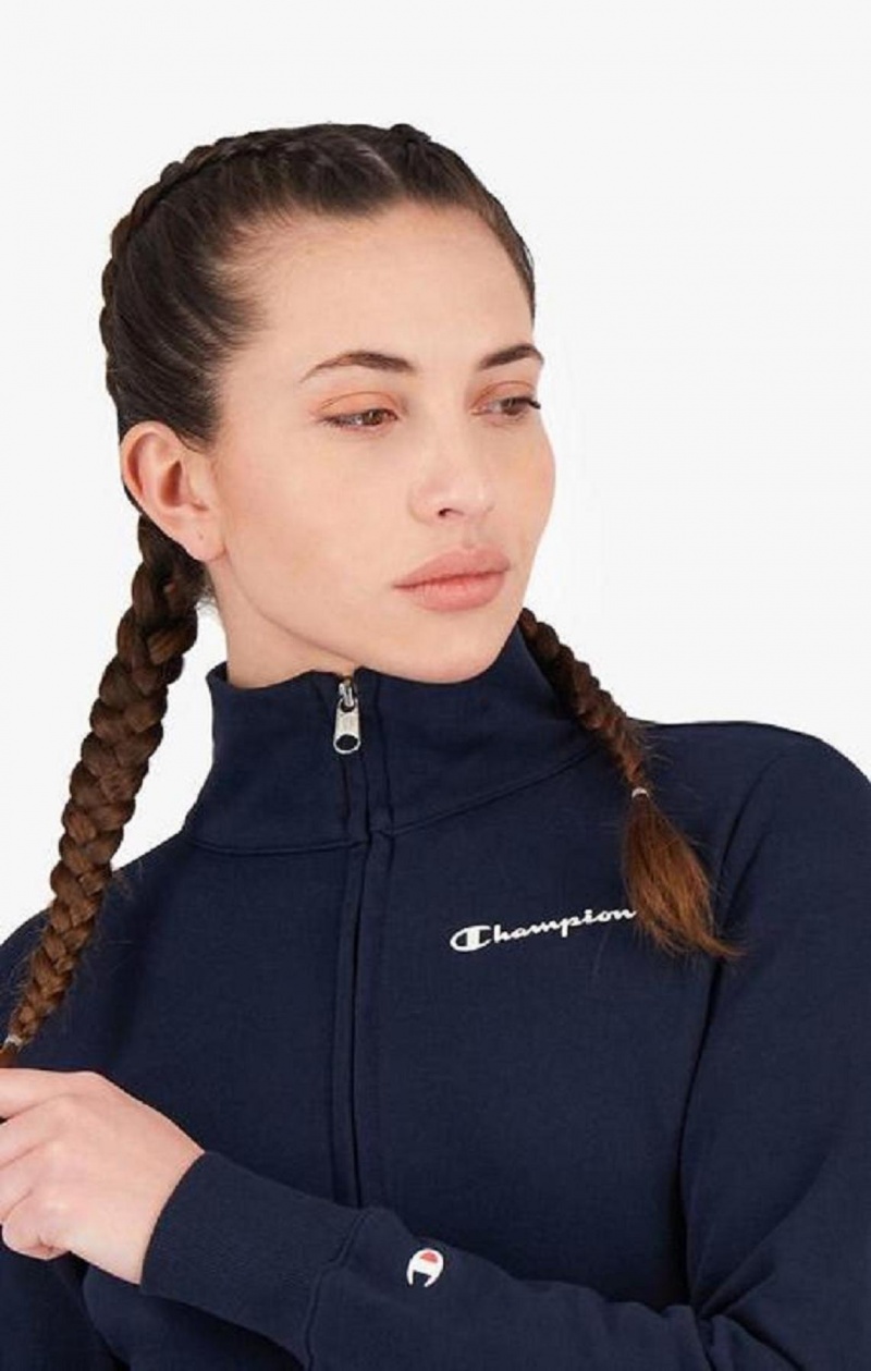 Champion Zip-Up Small Script Logo Sweatshirt Tröjor Dam Mörkblå | 4916-VCUFE